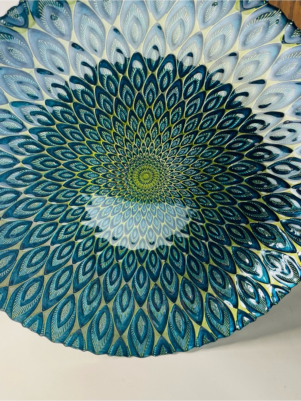 Turkish Peacock Feather Cut Glass. Iridescent Mandala Teal Blue & Gold Shimmers